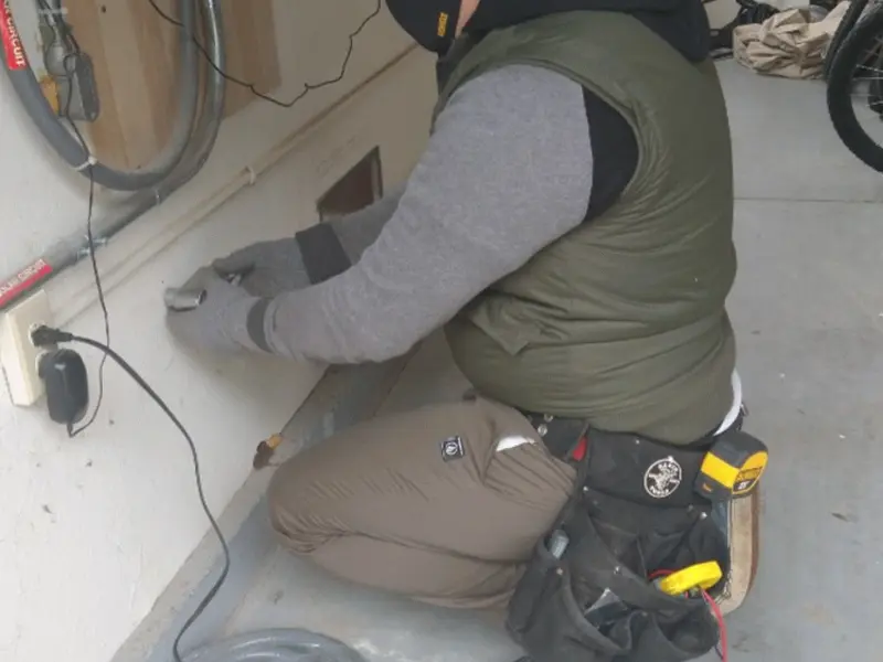 Electrician performing outlet wiring in a Bushkill garage
